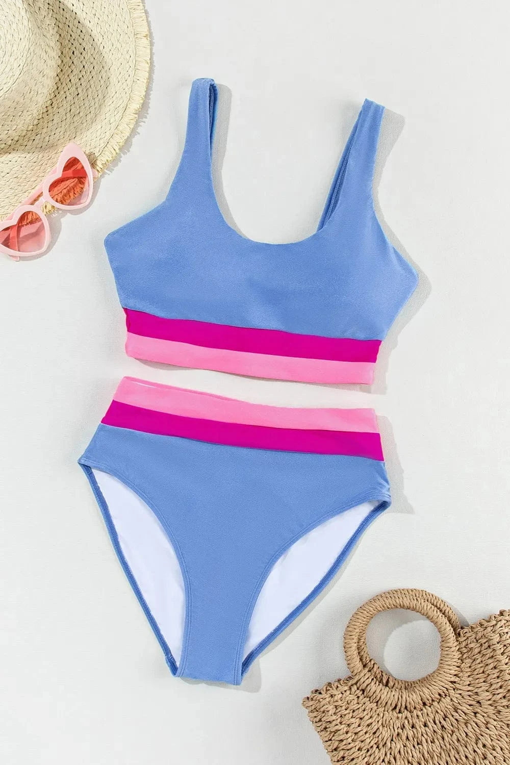 Contrast Scoop Neck Two - Piece Swim Set - ShalayeFashion