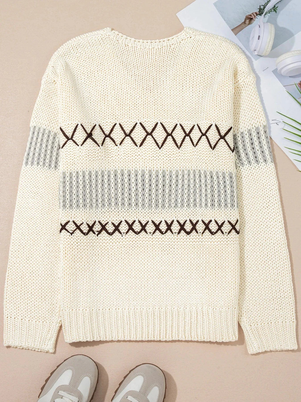 Contrast Stitch Detail V Neck Drop Shoulder Sweater - ShalayeFashion