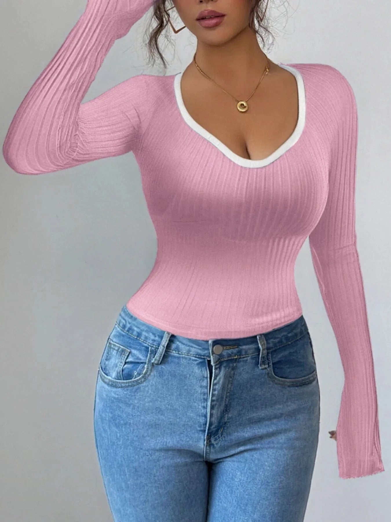 Contrast Trim Long Sleeve T-Shirt - ShalayeFashion