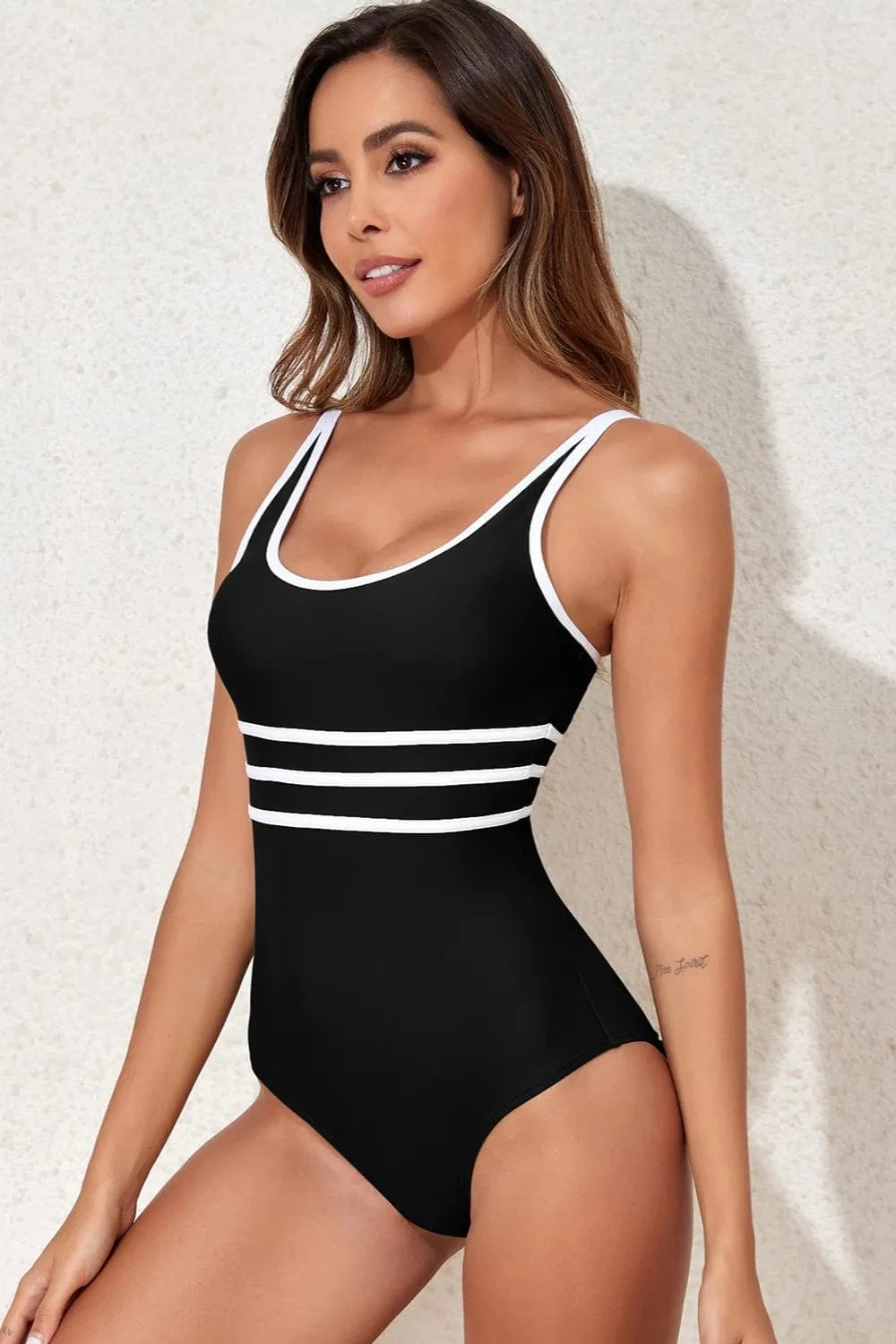 Contrast Trim Scoop Neck One - Piece Swimwear - ShalayeFashion