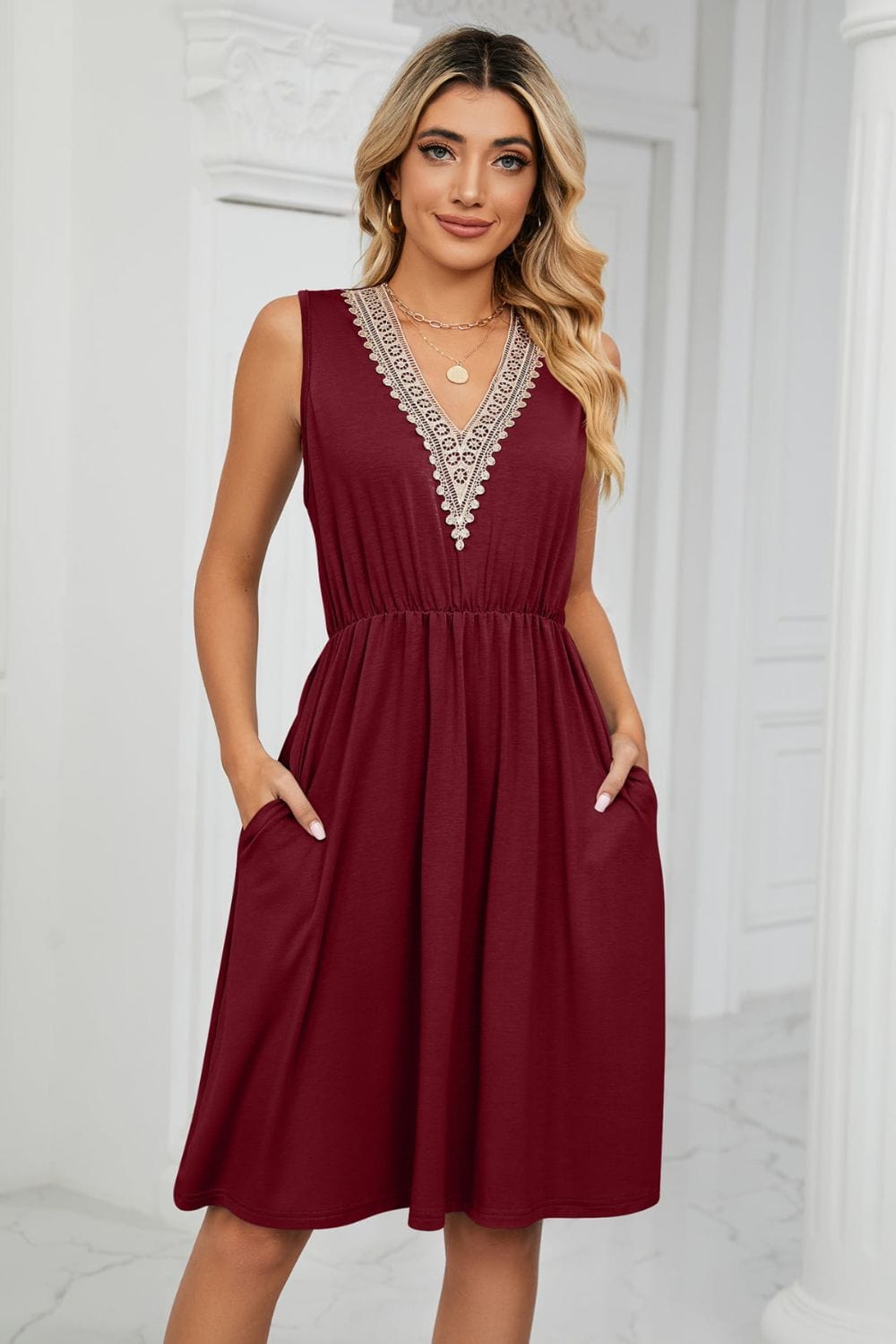 Contrast V - Neck Sleeveless Dress - ShalayeFashion