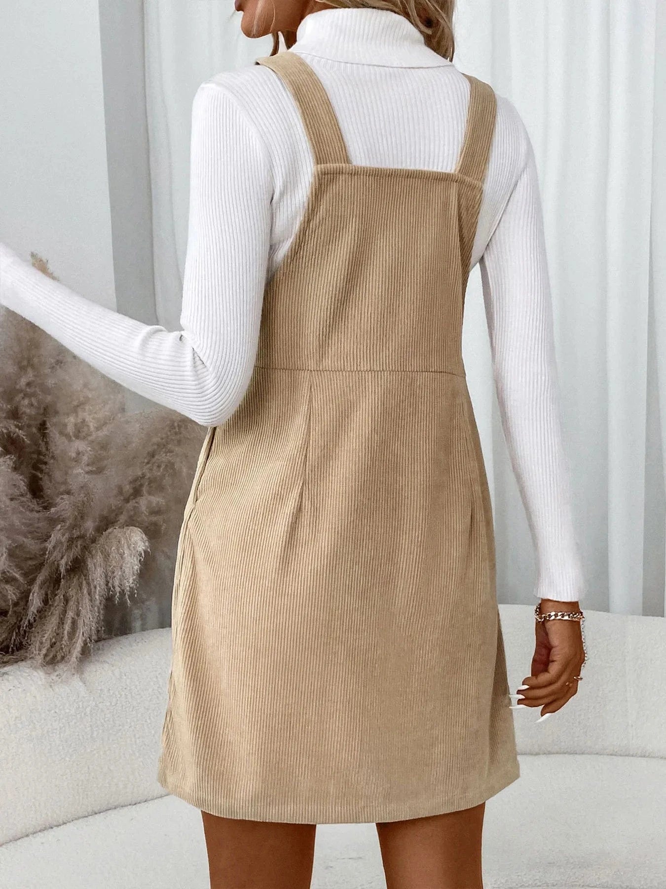 Corduroy Overall Dress with Pocket - ShalayeFashion