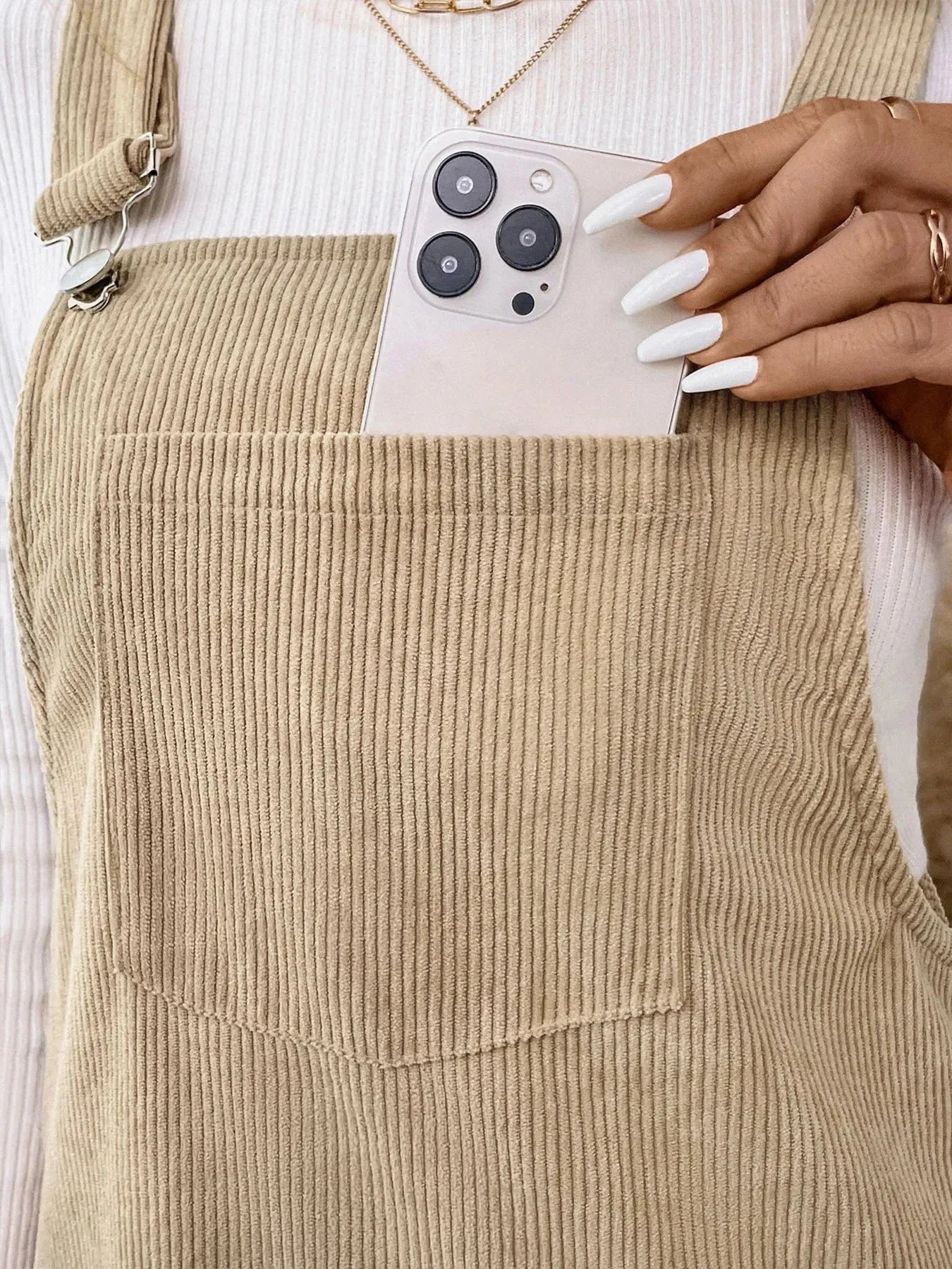 Corduroy Overall Dress with Pocket - ShalayeFashion