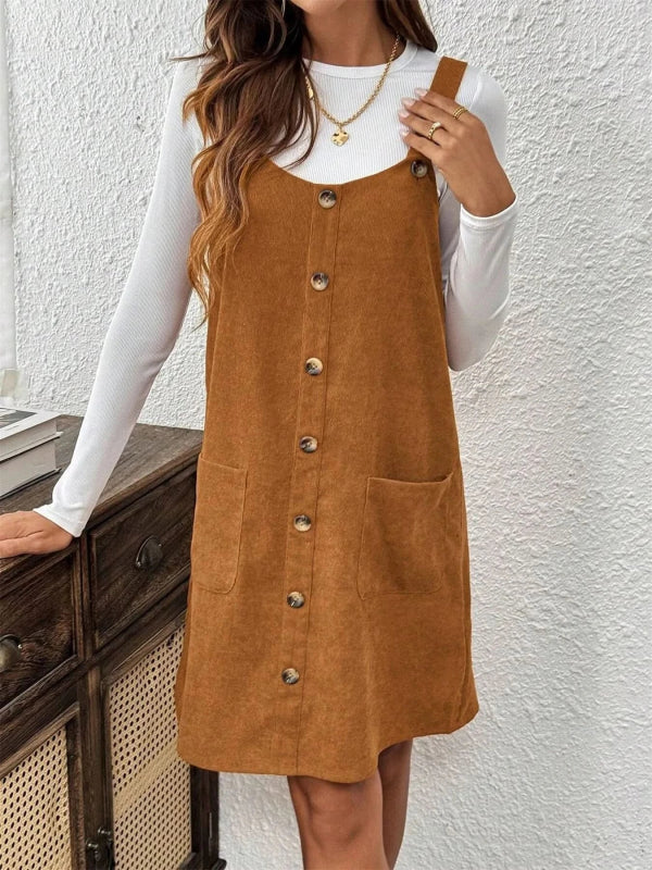 Corduroy Overall Dress with Pockets - ShalayeFashion
