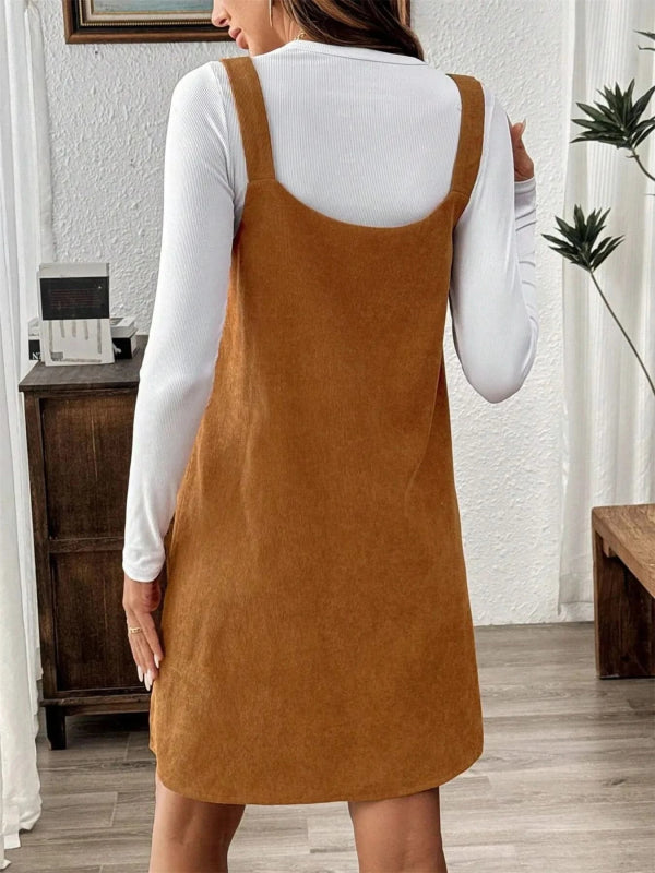 Corduroy Overall Dress with Pockets - ShalayeFashion