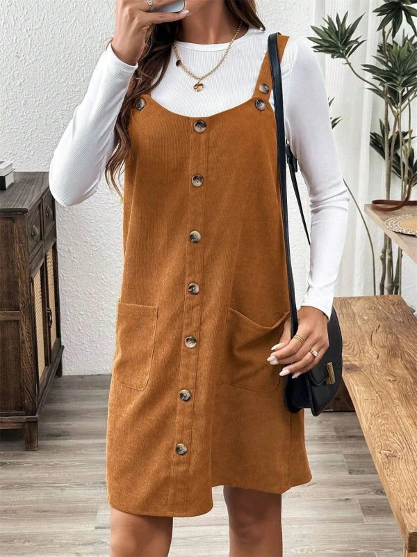 Corduroy Overall Dress with Pockets - ShalayeFashion