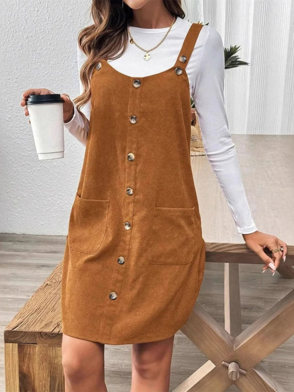 Corduroy Overall Dress with Pockets - ShalayeFashion