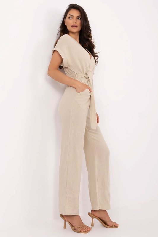 Cotton Jumpsuit Wrap Neckline Tie Waist - ShalayeFashion