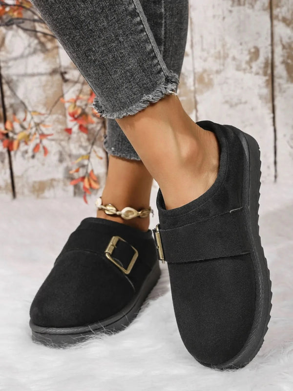 Cozy Buckle Suede Winter Slippers - ShalayeFashion