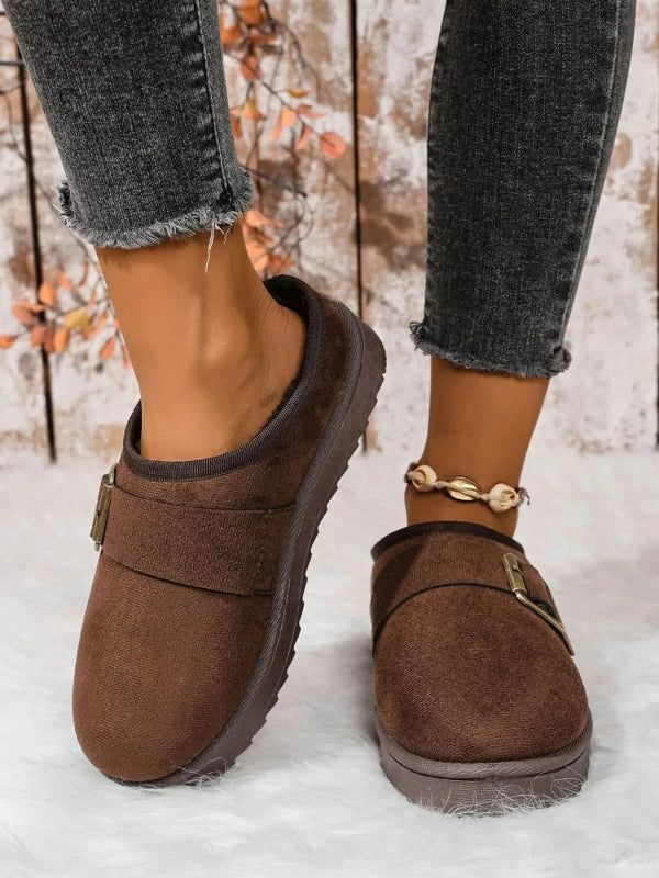 Cozy Buckle Suede Winter Slippers - ShalayeFashion