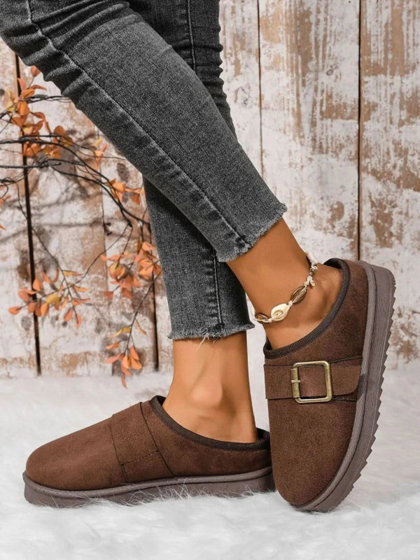 Cozy Buckle Suede Winter Slippers - ShalayeFashion
