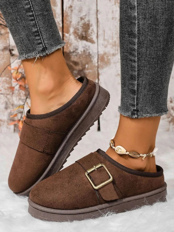 Cozy Buckle Suede Winter Slippers - ShalayeFashion