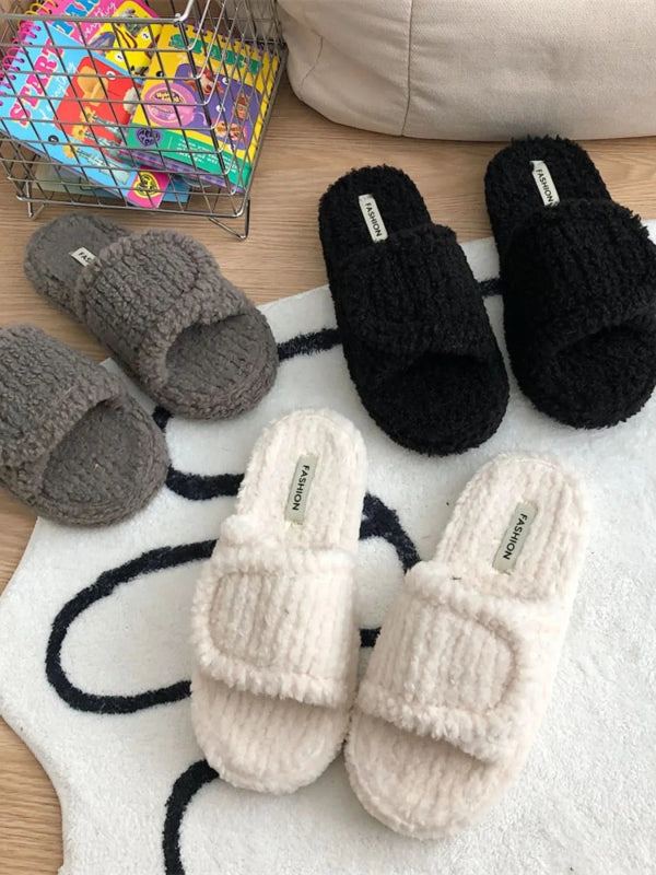 Cozy Fuzzy Open Toe Slippers - ShalayeFashion
