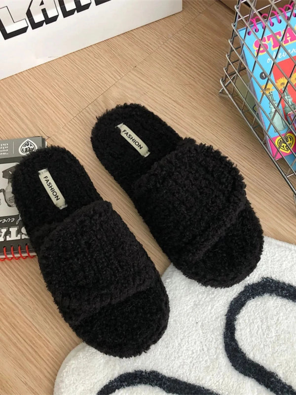 Cozy Fuzzy Open Toe Slippers - ShalayeFashion