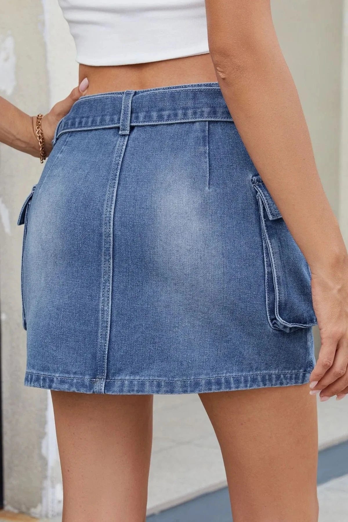 Criss - Cross Waist Detail Denim Mini Skirt - ShalayeFashion