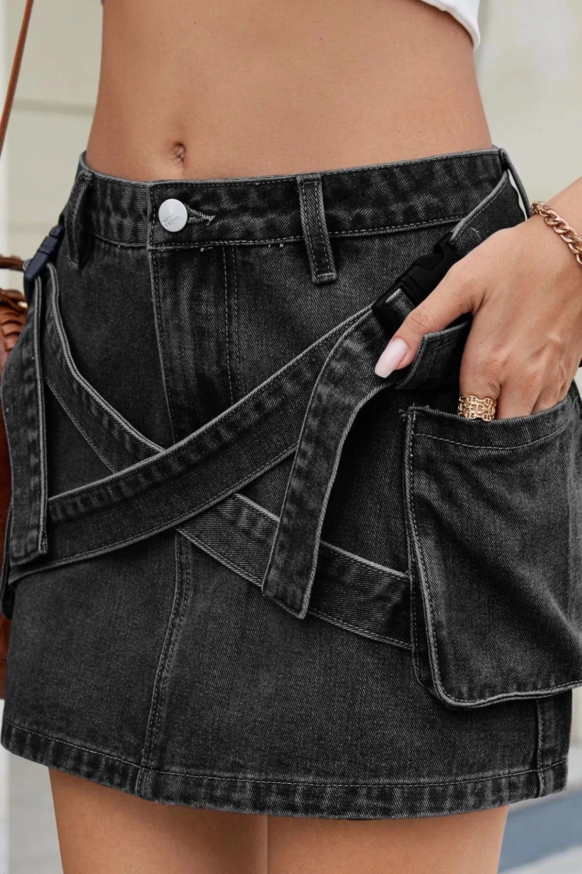 Criss - Cross Waist Detail Denim Mini Skirt - ShalayeFashion