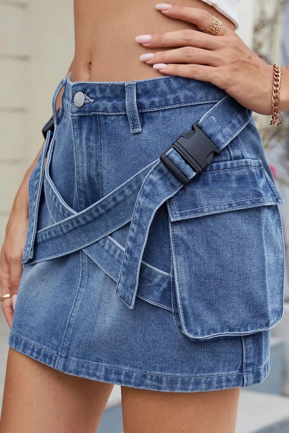 Criss - Cross Waist Detail Denim Mini Skirt - ShalayeFashion