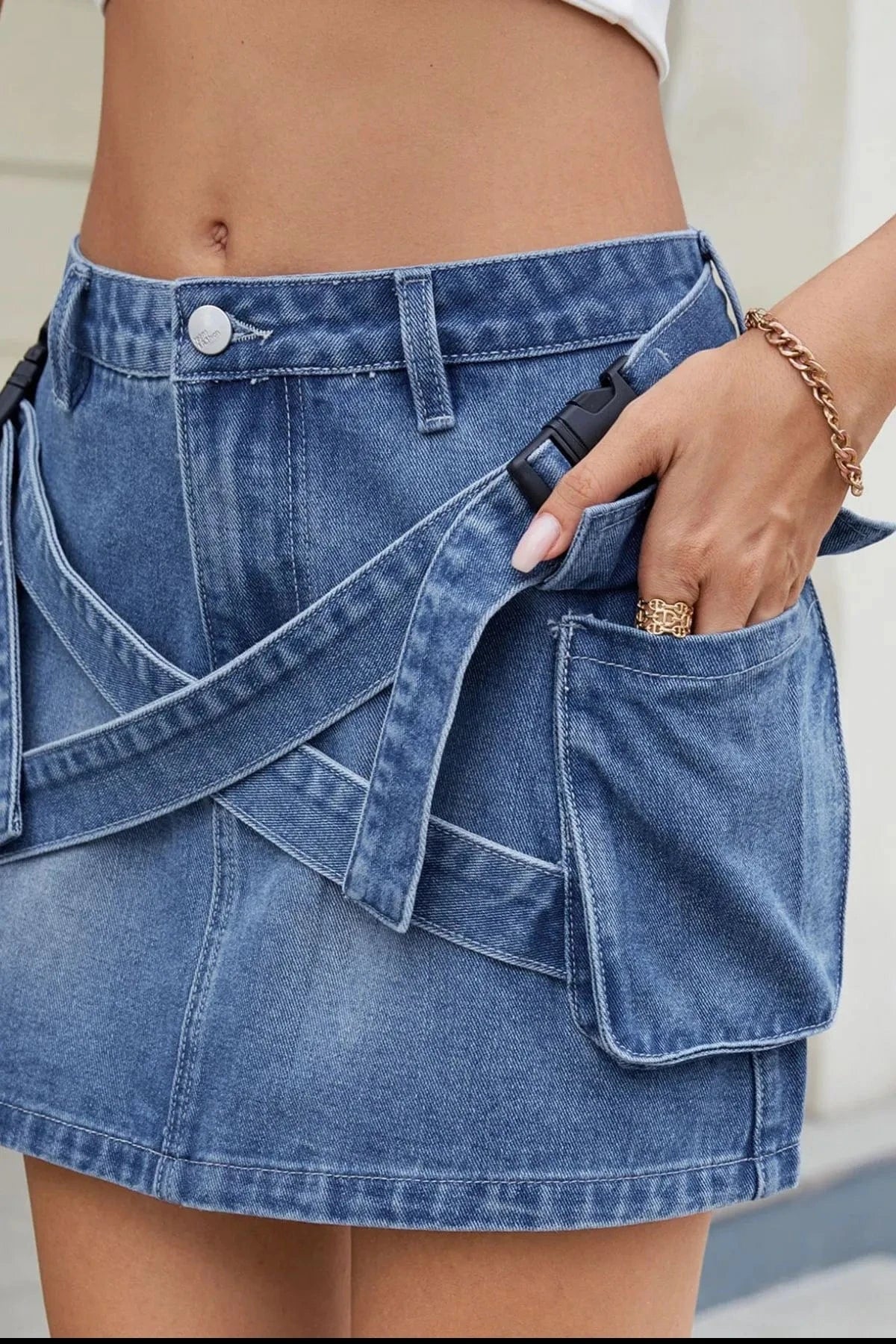 Criss - Cross Waist Detail Denim Mini Skirt - ShalayeFashion