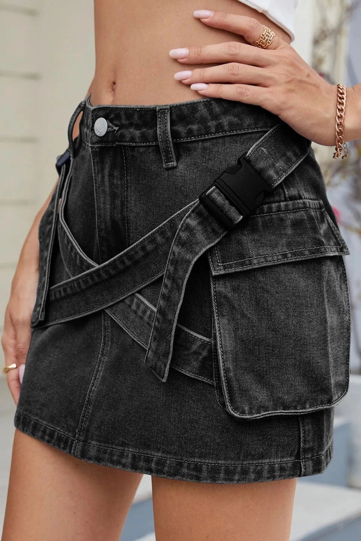 Criss - Cross Waist Detail Denim Mini Skirt - ShalayeFashion