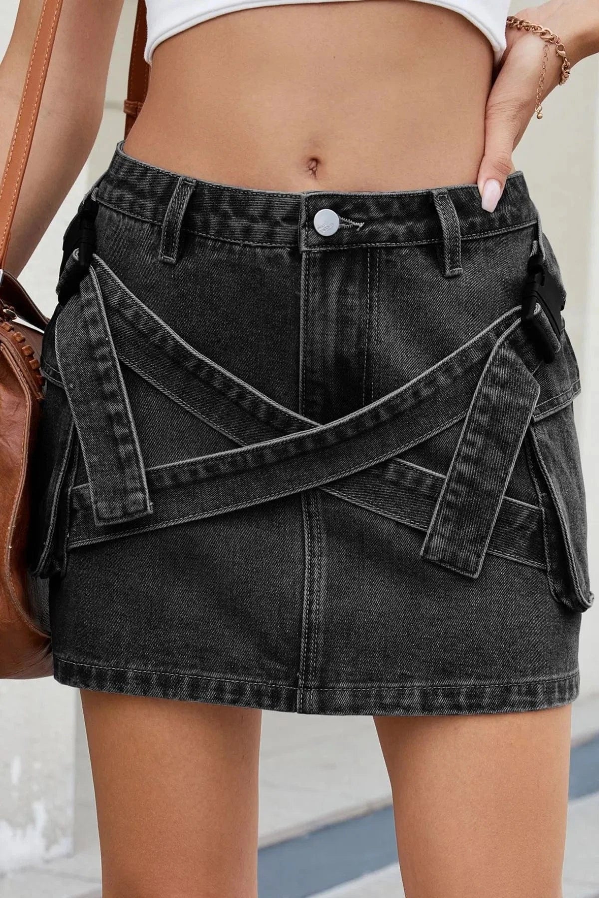 Criss - Cross Waist Detail Denim Mini Skirt - ShalayeFashion