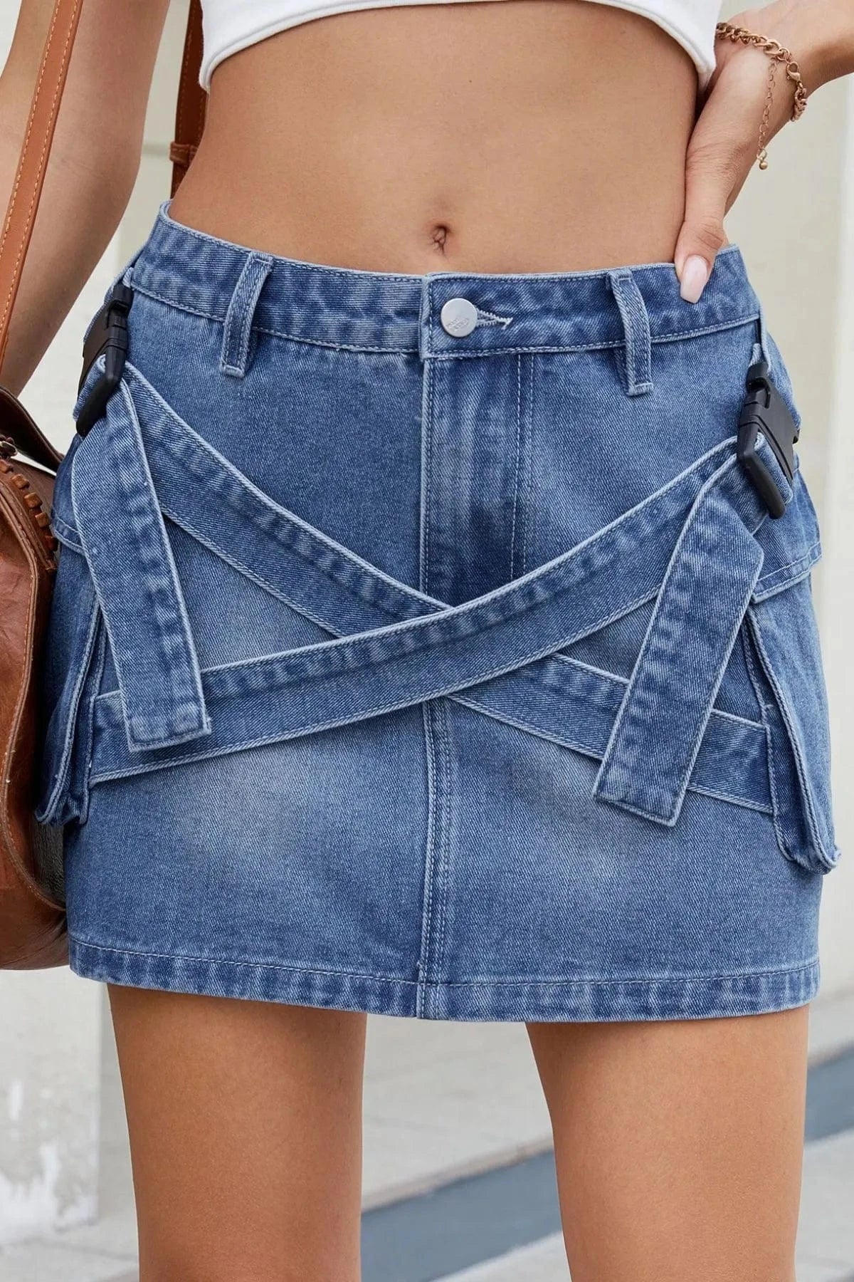 Criss - Cross Waist Detail Denim Mini Skirt - ShalayeFashion