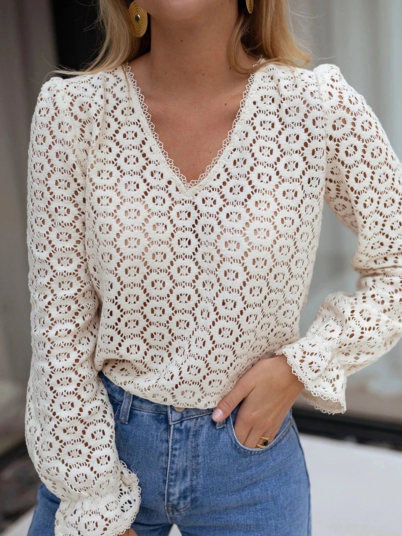 Crochet Lace V - Neck Long Sleeve Blouse - ShalayeFashion