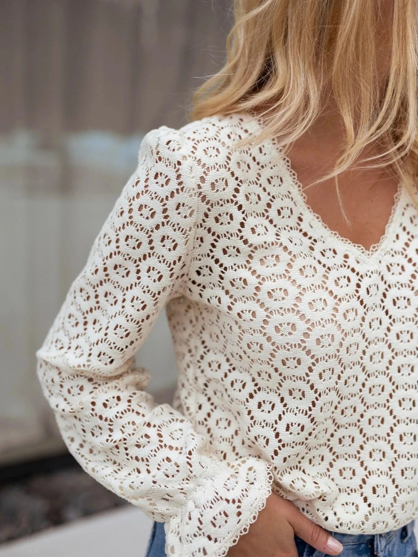 Crochet Lace V - Neck Long Sleeve Blouse - ShalayeFashion