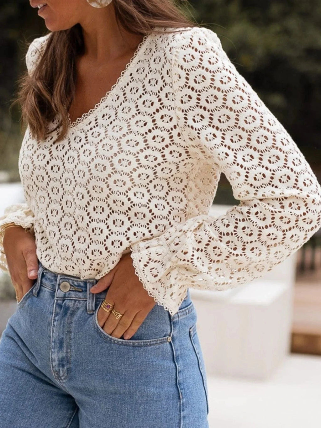 Crochet Lace V - Neck Long Sleeve Blouse - ShalayeFashion