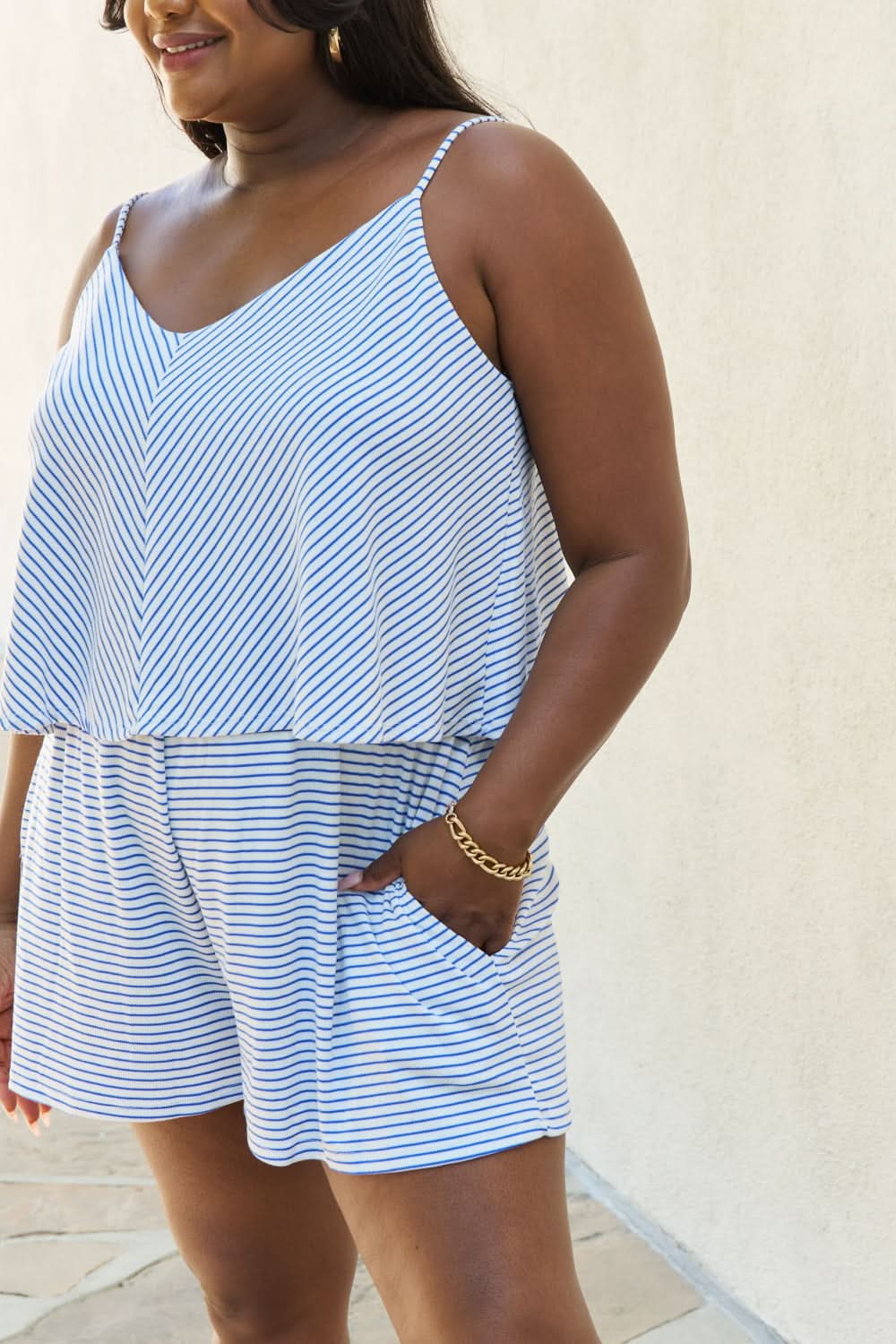 Culture Code Let It Happen Full Size Double Flare Striped Romper in Cobalt Blue - ShalayeFashion