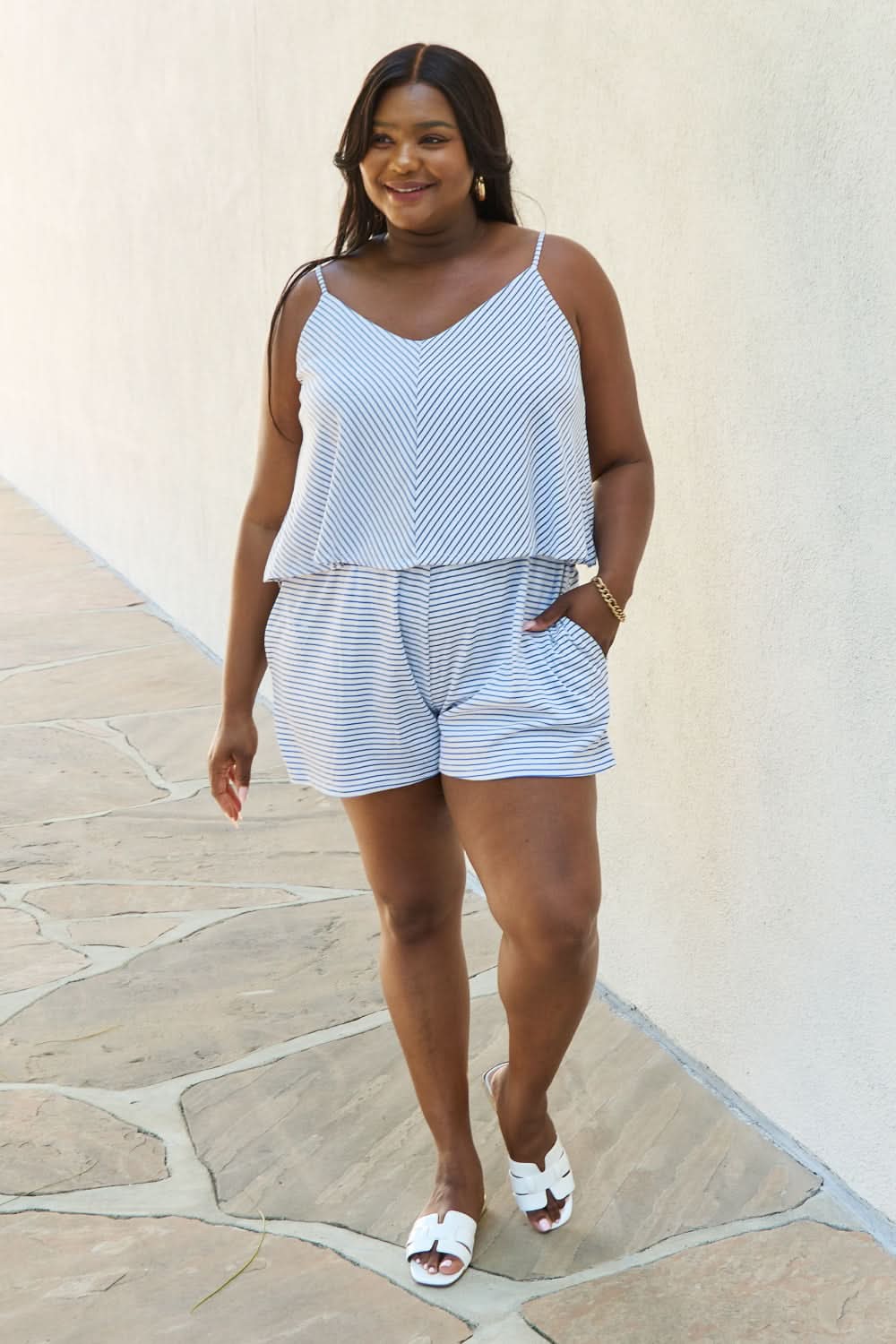 Culture Code Let It Happen Full Size Double Flare Striped Romper in Cobalt Blue - ShalayeFashion