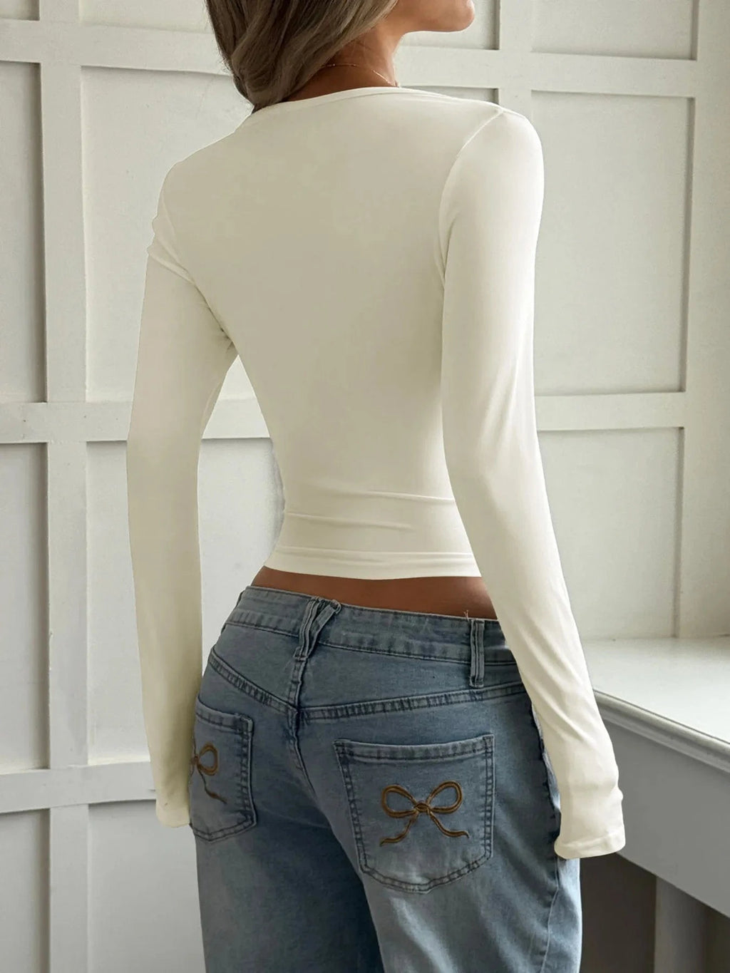 Cut - Out Long Sleeve Crop T-Shirt - ShalayeFashion