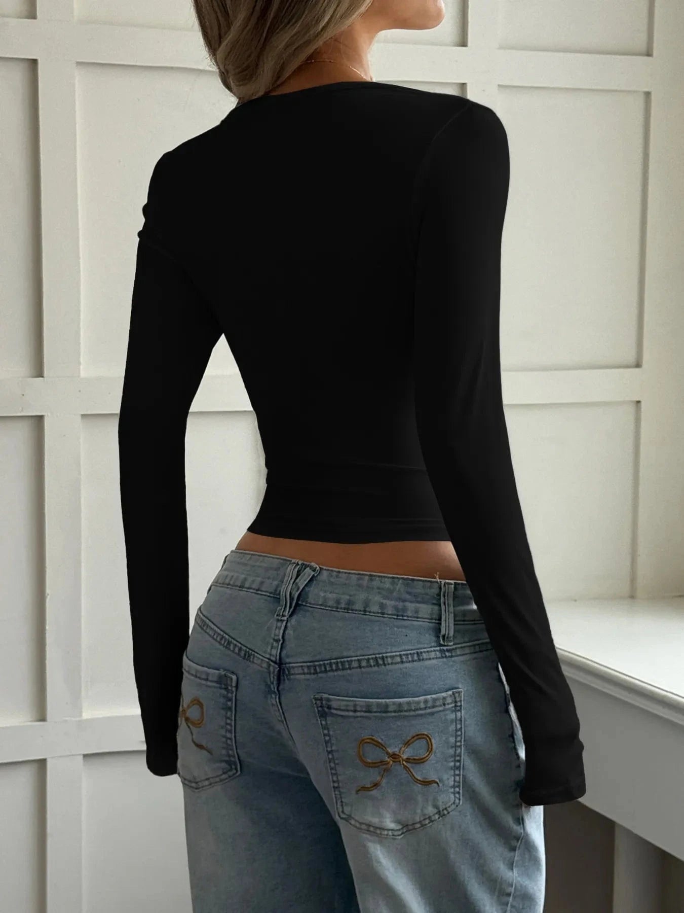 Cut - Out Long Sleeve Crop T-Shirt - ShalayeFashion
