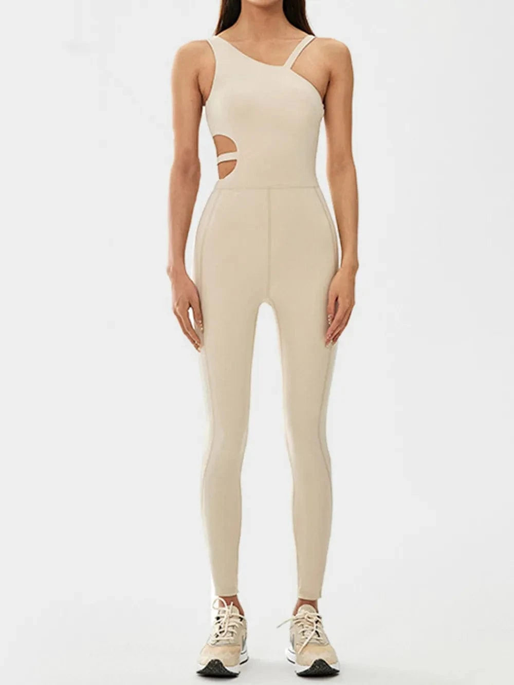 Cutout Asymmetrical Neck Active Jumpsuit - ShalayeFashion