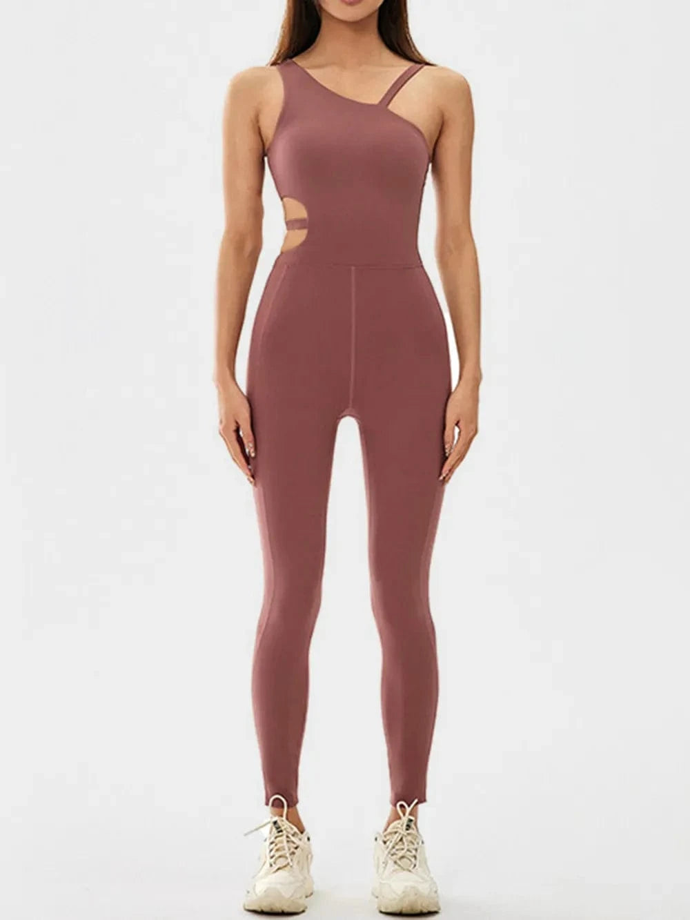 Cutout Asymmetrical Neck Active Jumpsuit - ShalayeFashion