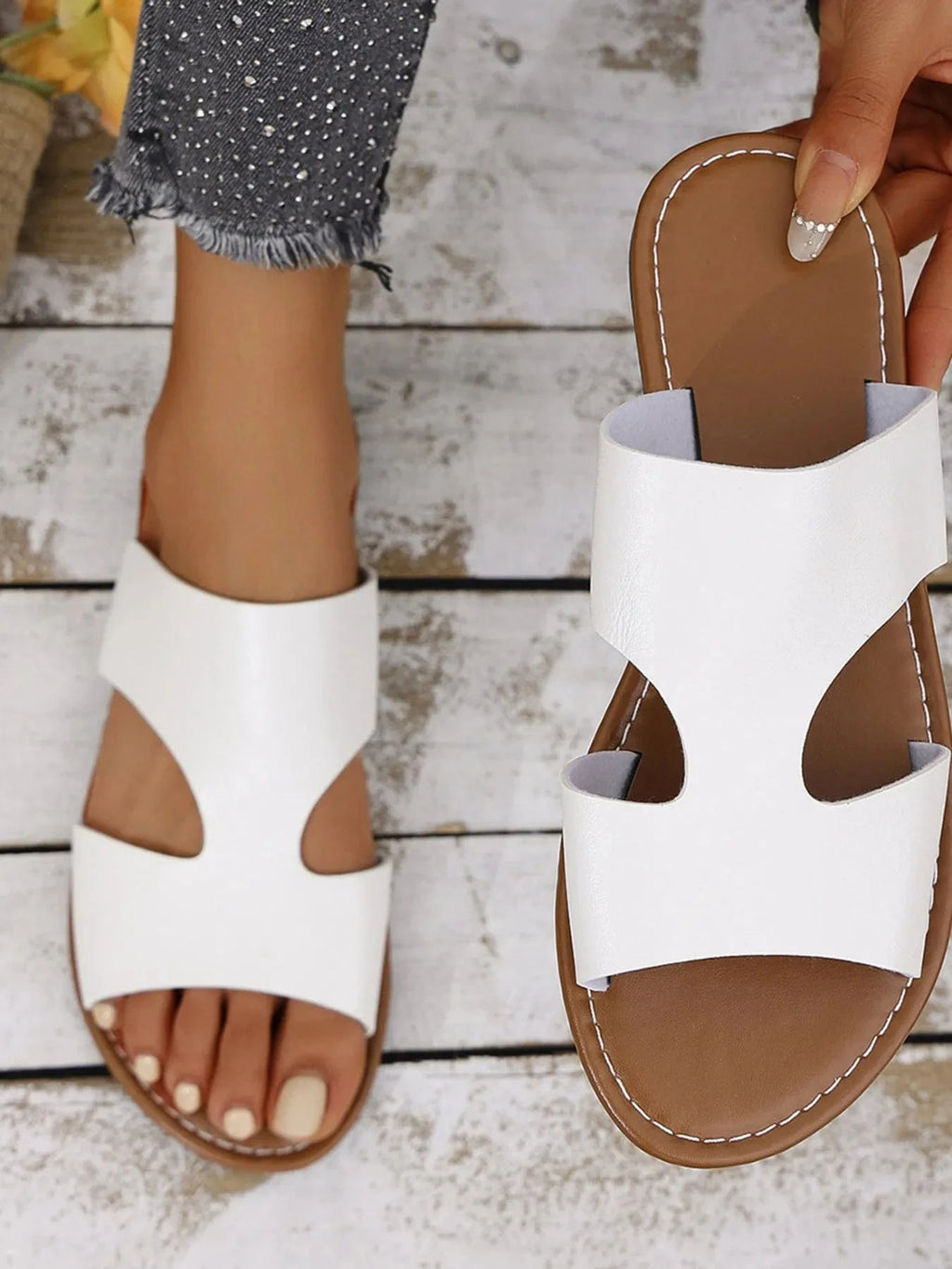 Cutout Open Toe Flat Sandals - ShalayeFashion