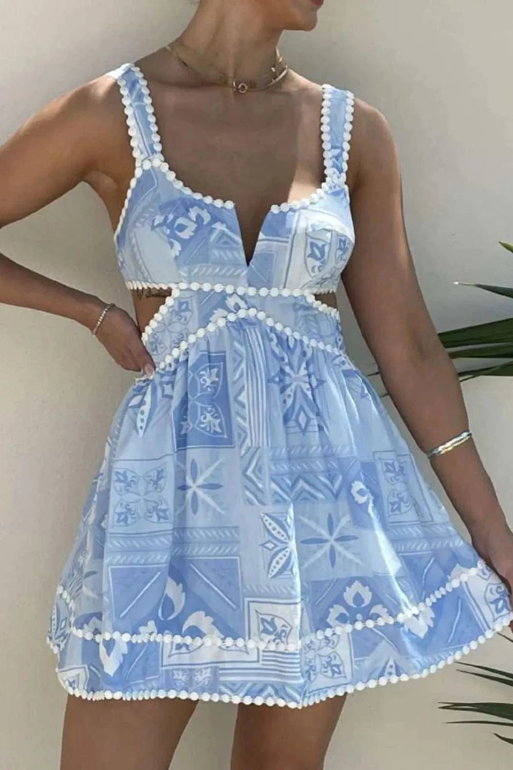 Cutout Printed Mini Dress - ShalayeFashion
