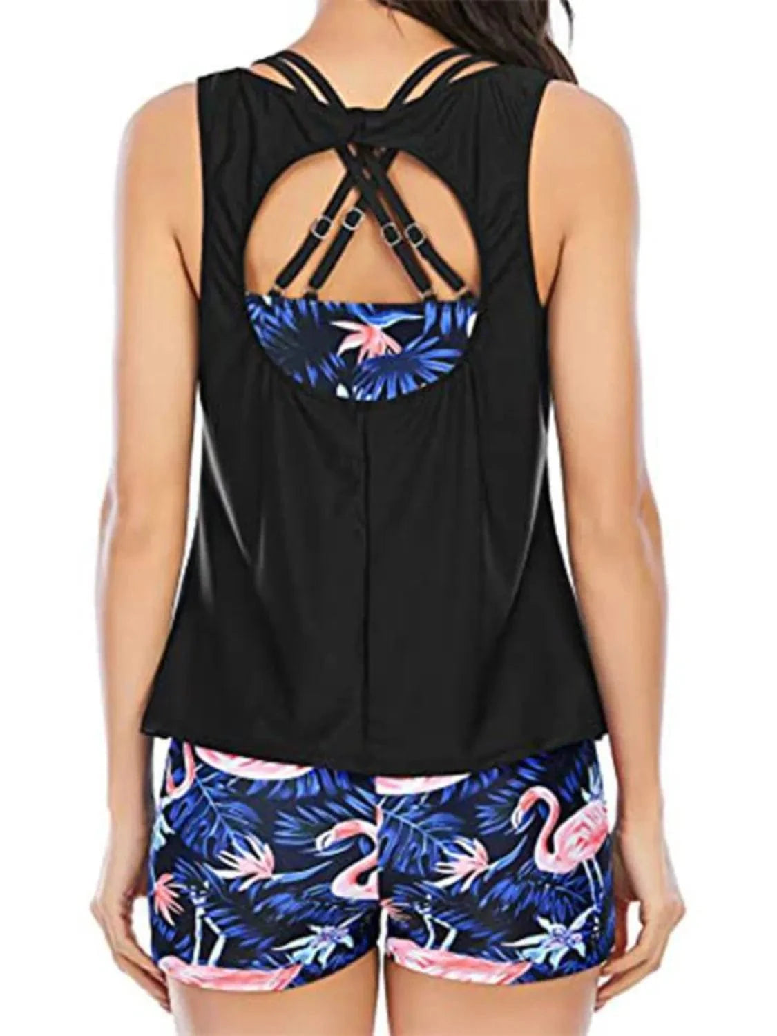 Cutout Printed Round Neck Three - Piece Swim Set - ShalayeFashion