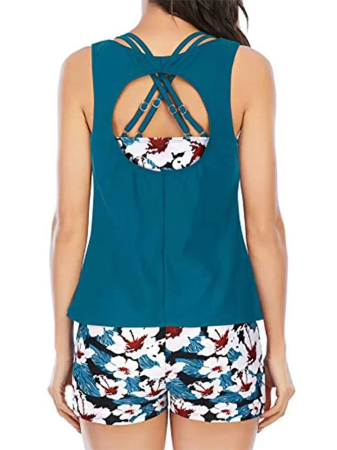 Cutout Printed Round Neck Three - Piece Swim Set - ShalayeFashion