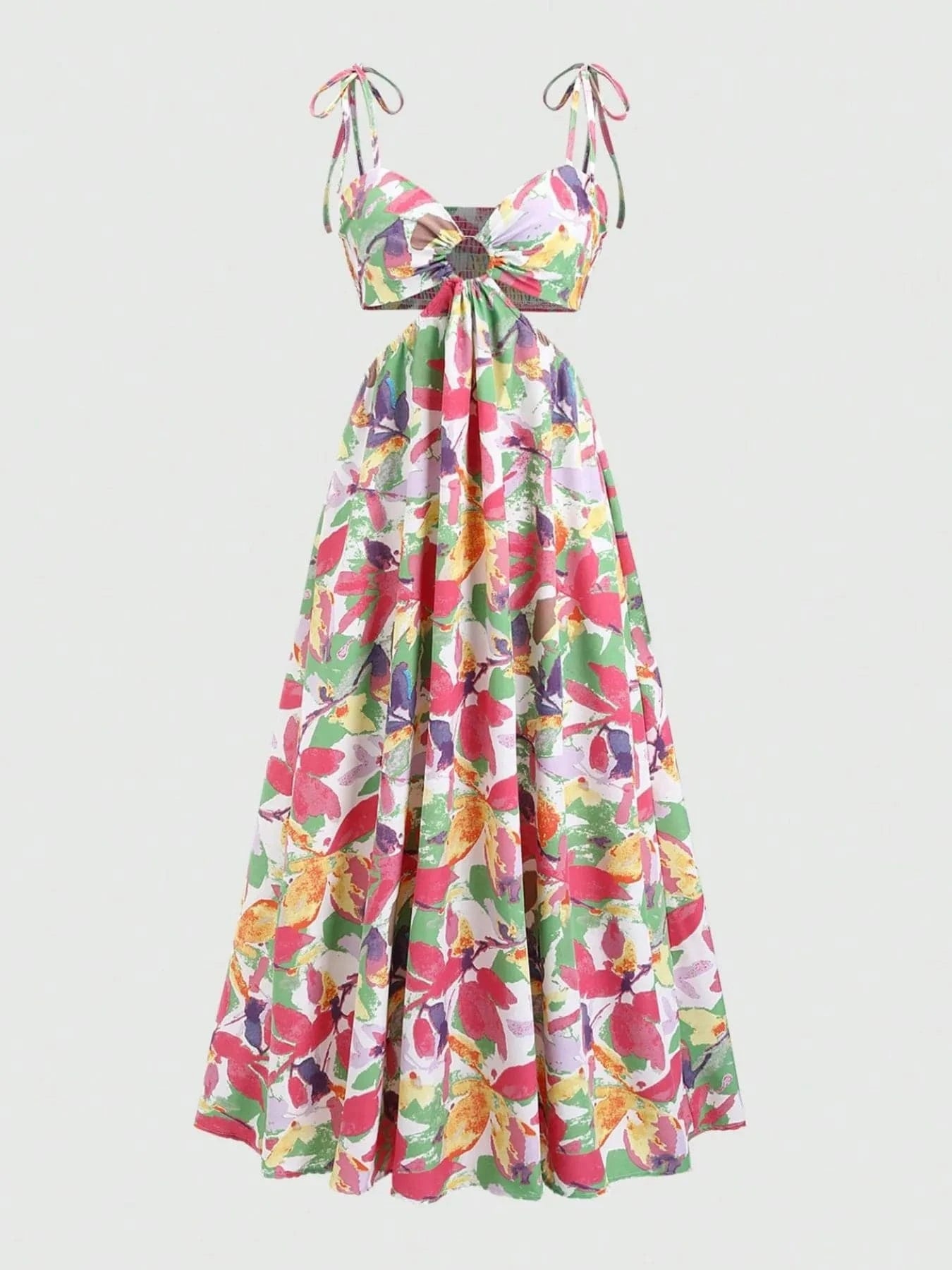 Cutout Printed Tie Shoulder Dress - ShalayeFashion