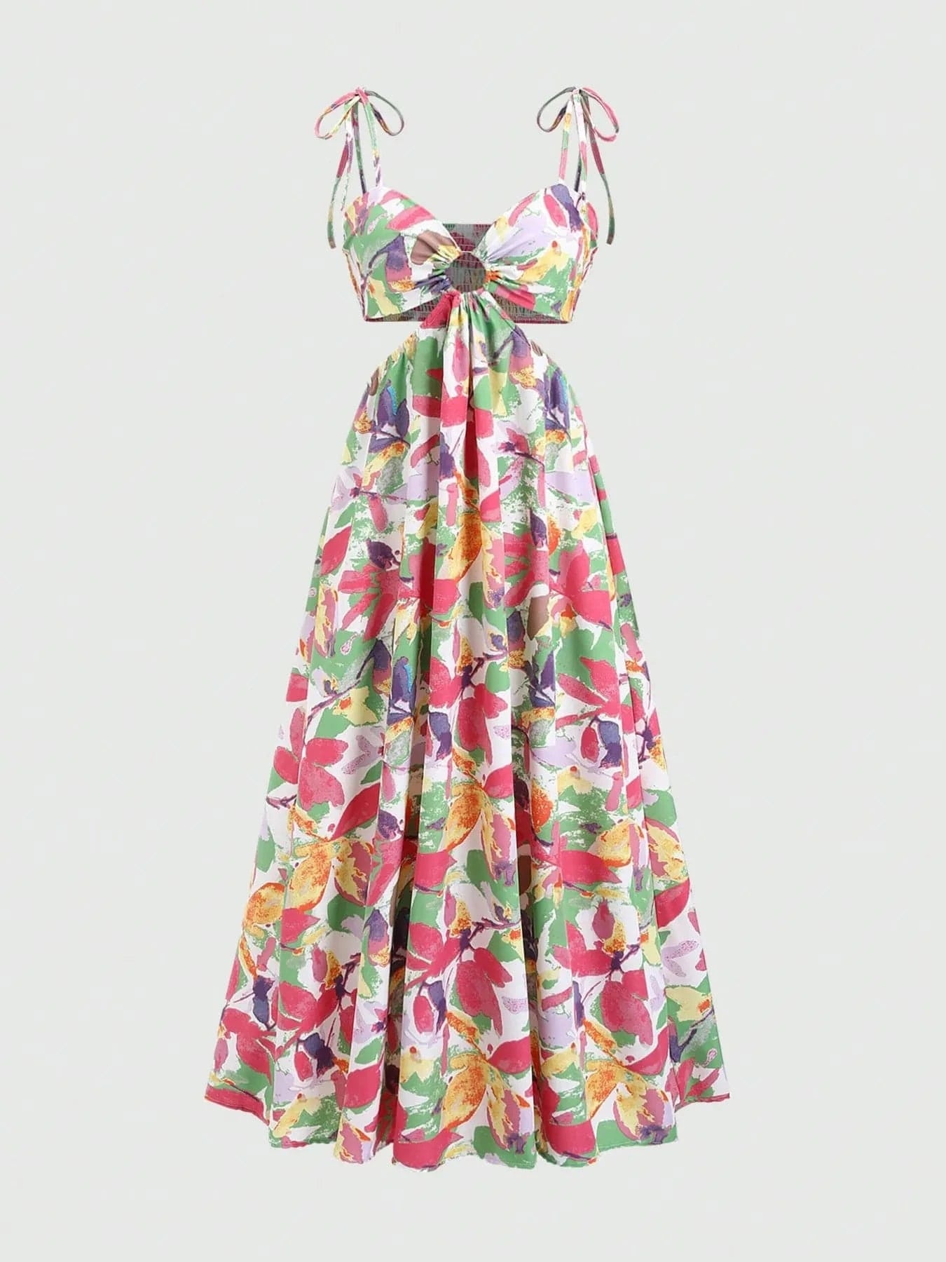 Cutout Printed Tie Shoulder Dress - ShalayeFashion