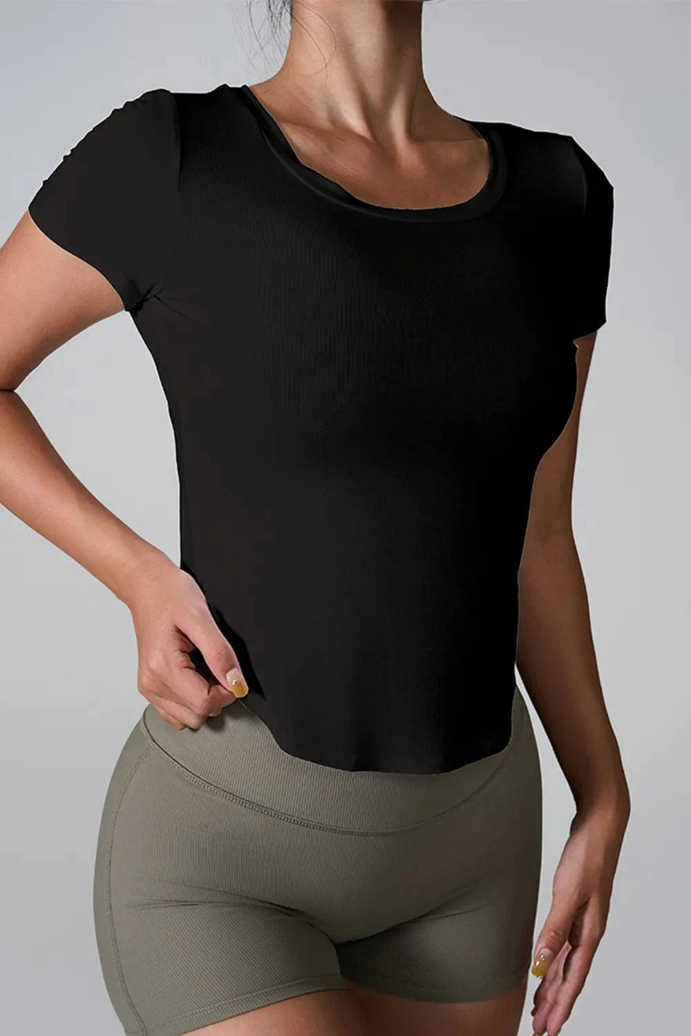 Cutout Round Neck Short Sleeve Active T-Shirt - ShalayeFashion