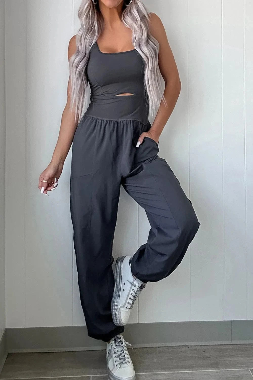 Cutout Square Neck Wide Strap Active Jumpsuit - ShalayeFashion