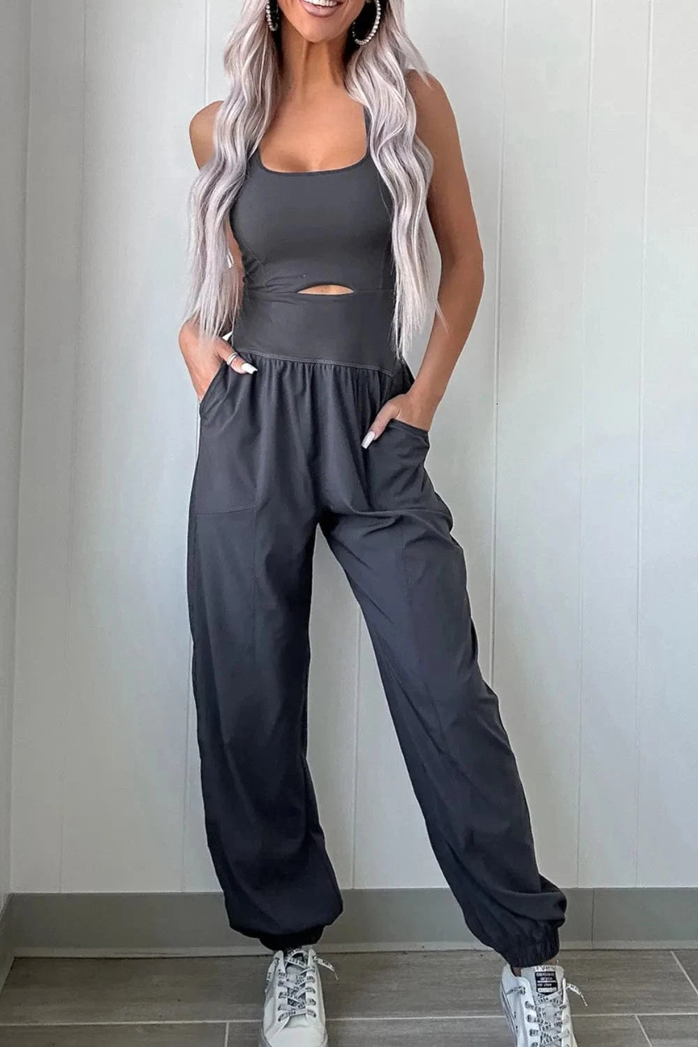 Cutout Square Neck Wide Strap Active Jumpsuit - ShalayeFashion