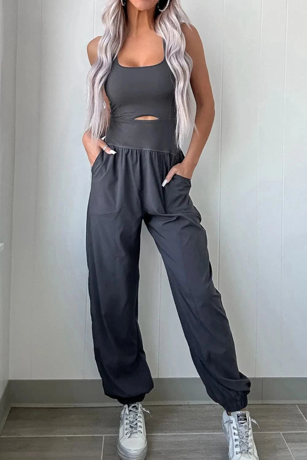 Cutout Square Neck Wide Strap Active Jumpsuit - ShalayeFashion