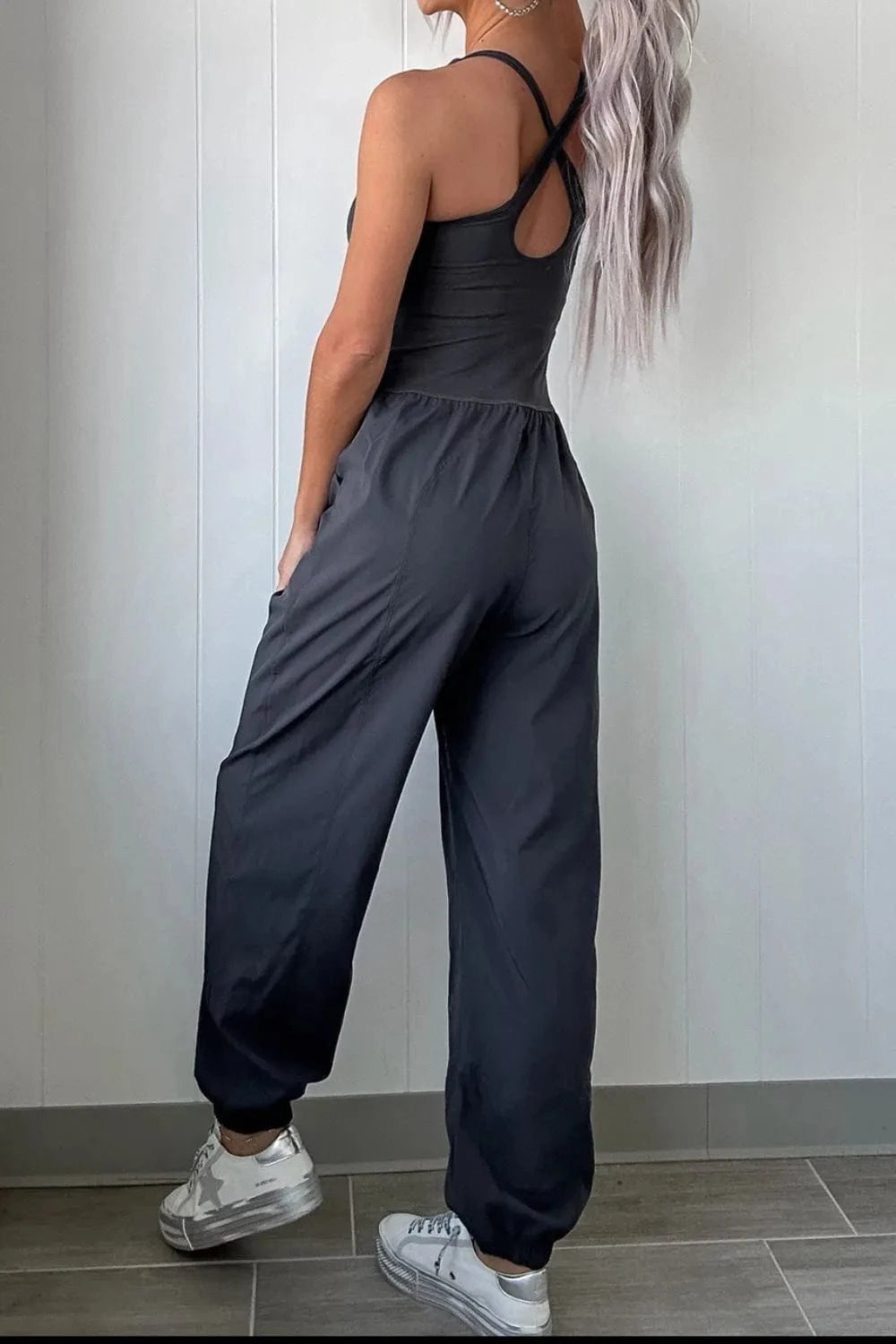 Cutout Square Neck Wide Strap Active Jumpsuit - ShalayeFashion