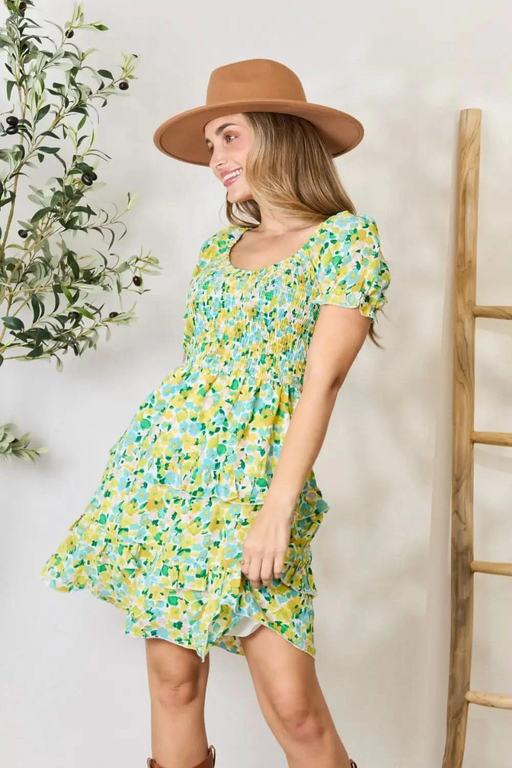 Devine Smocked Scoop Neck Flounce Sleeve Mini Dress - ShalayeFashion
