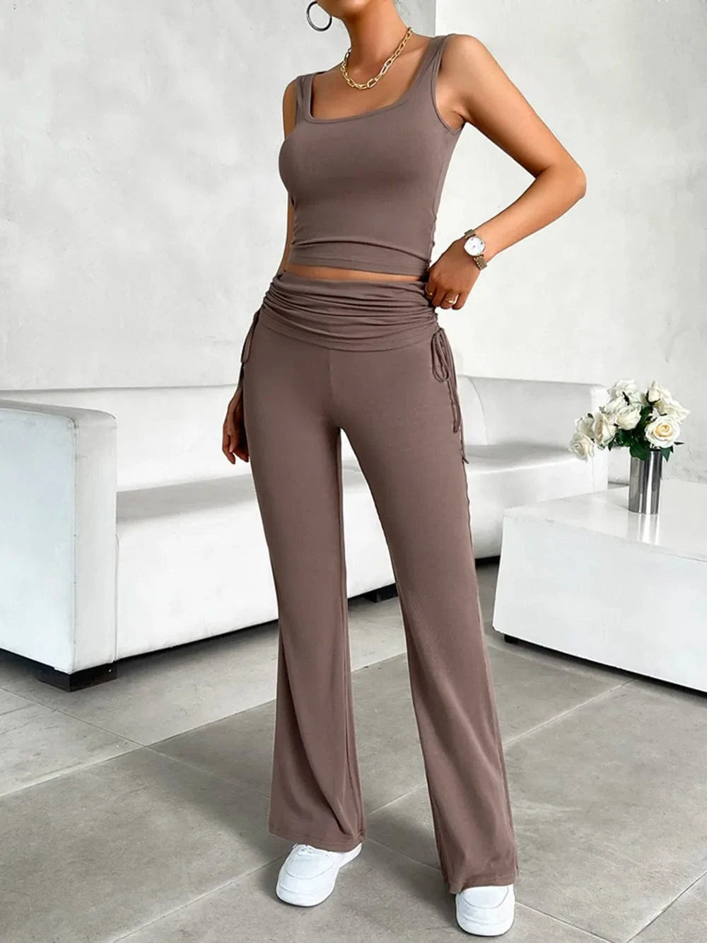 Devine Square Neck Tank and Drawstring Pants Set - ShalayeFashion