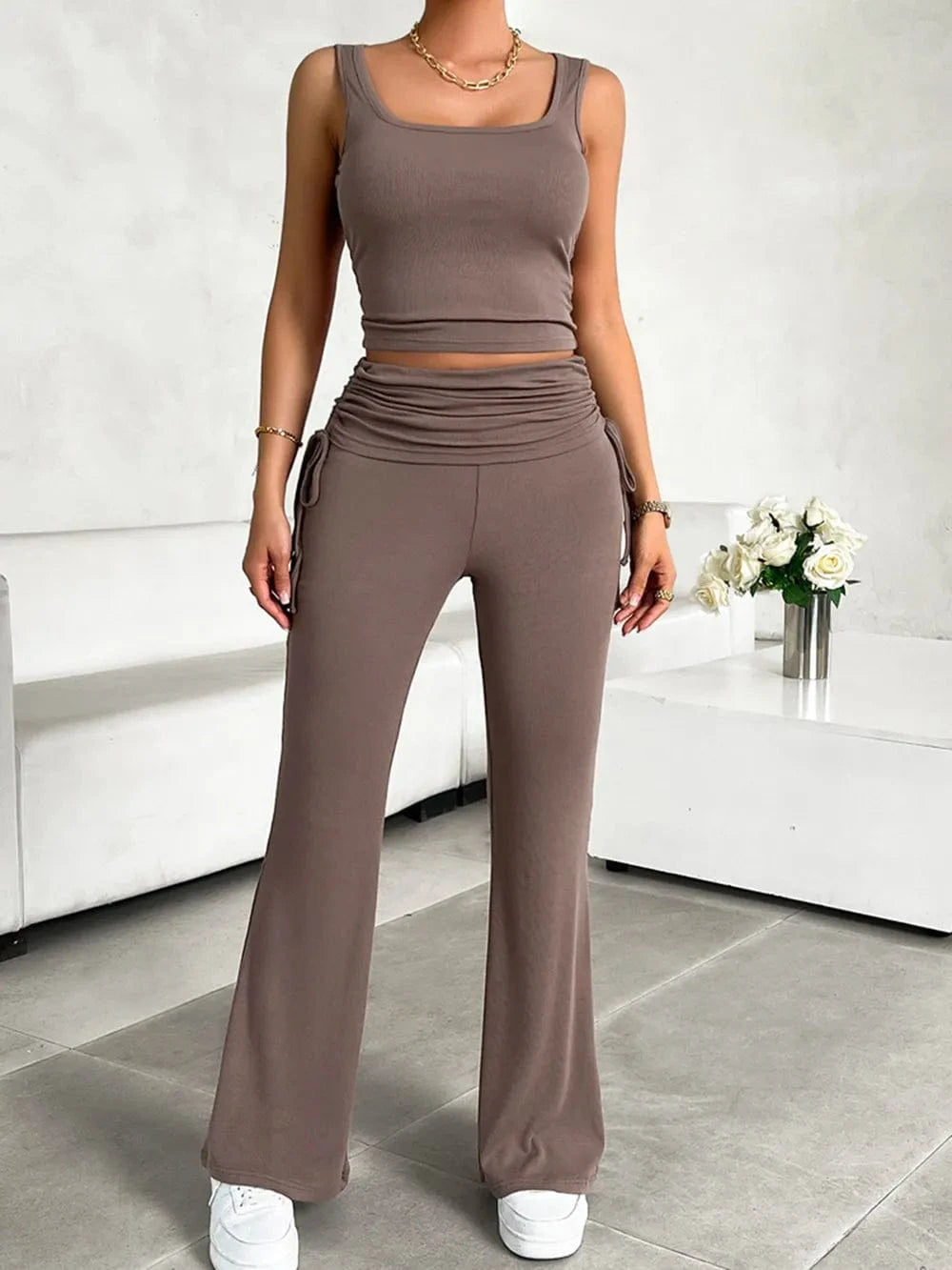Devine Square Neck Tank and Drawstring Pants Set - ShalayeFashion