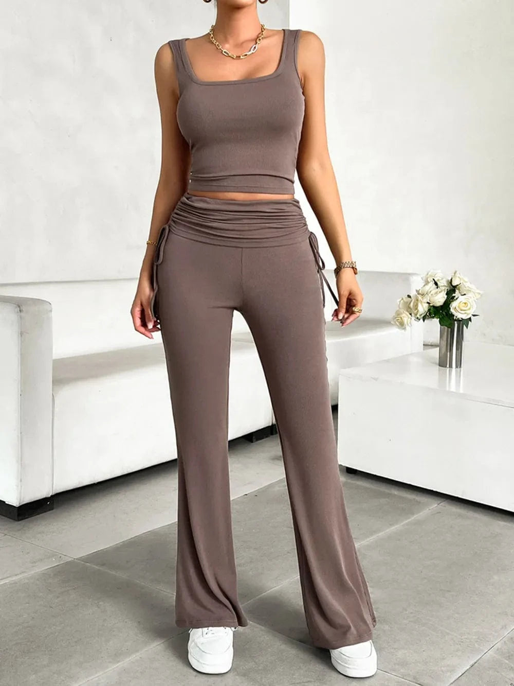 Devine Square Neck Tank and Drawstring Pants Set - ShalayeFashion