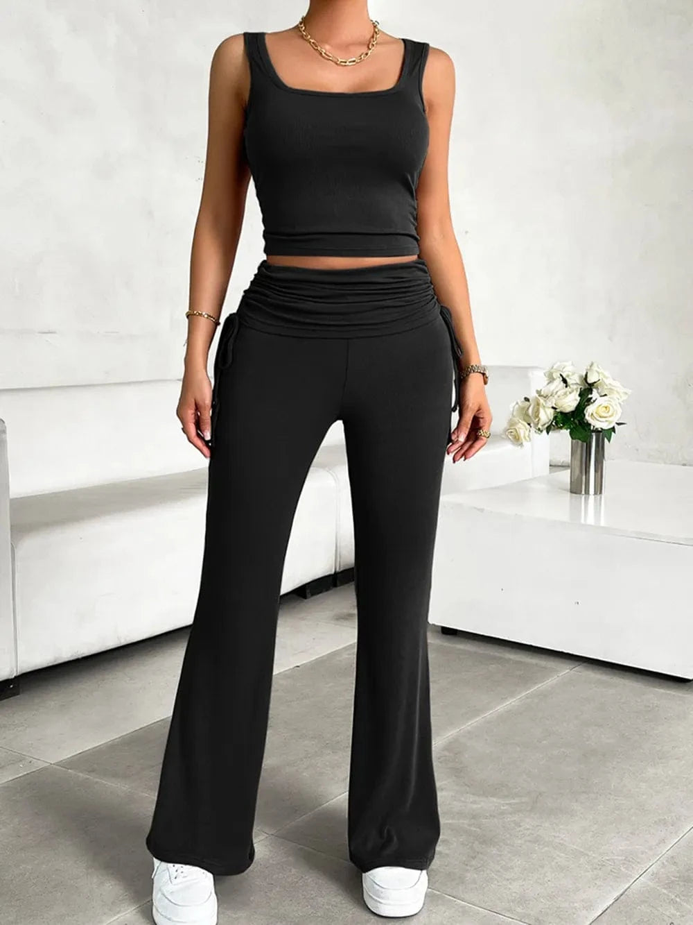 Devine Square Neck Tank and Drawstring Pants Set - ShalayeFashion